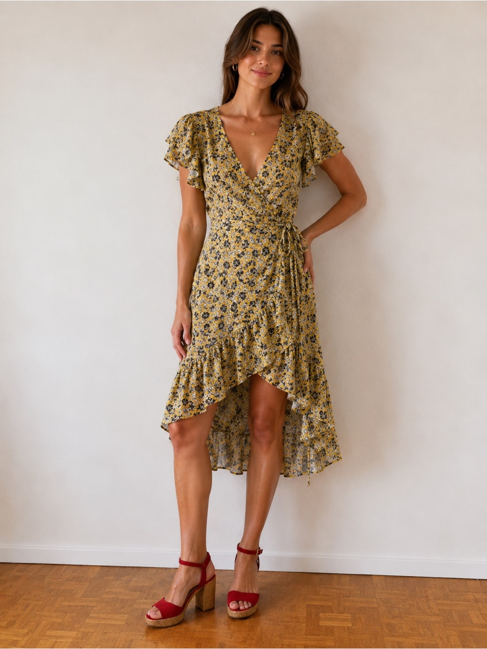 Max Studio Yellow Floral Wrap Midi Dress